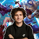 FTX CEO Sam Bankman-Fried stands in a hoody in front of League of Legends heroes.